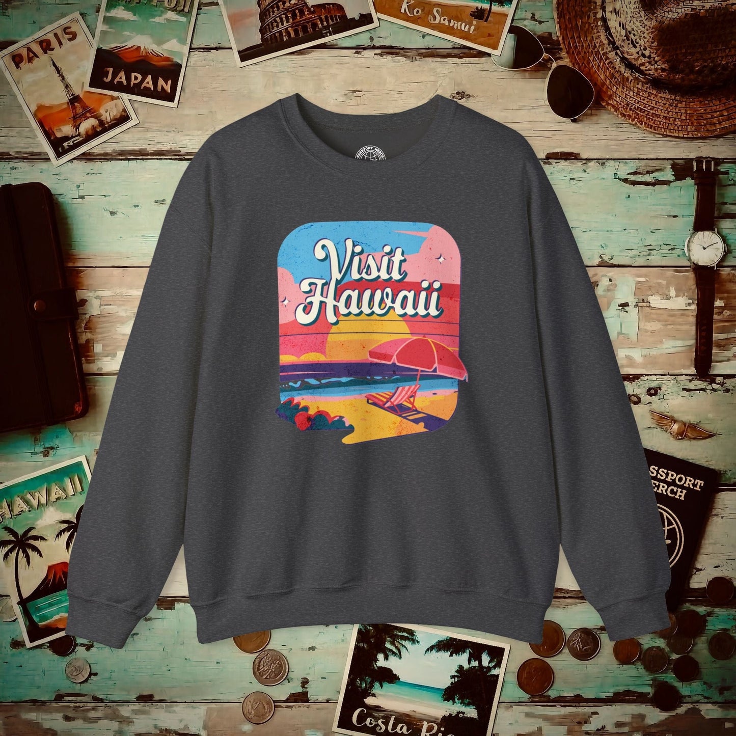 Retro Visit Hawaii Crewneck Dark Heather / S