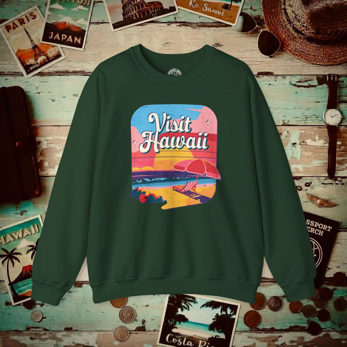 Retro Visit Hawaii Crewneck Forest Green / S