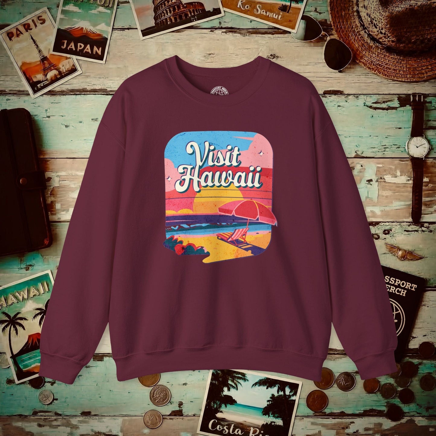 Retro Visit Hawaii Crewneck Maroon / S