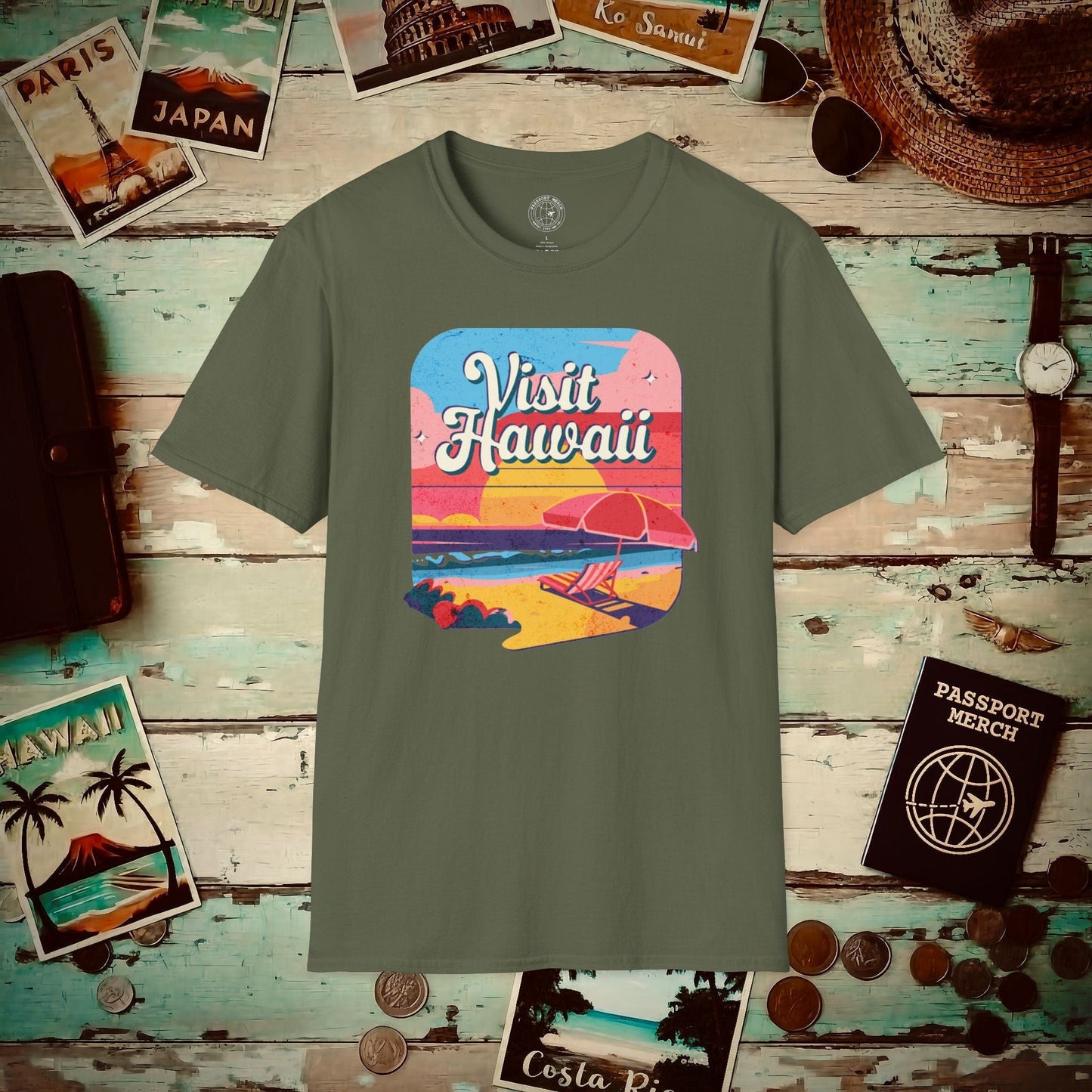Retro Visit Hawaii T-Shirt Military Green / S