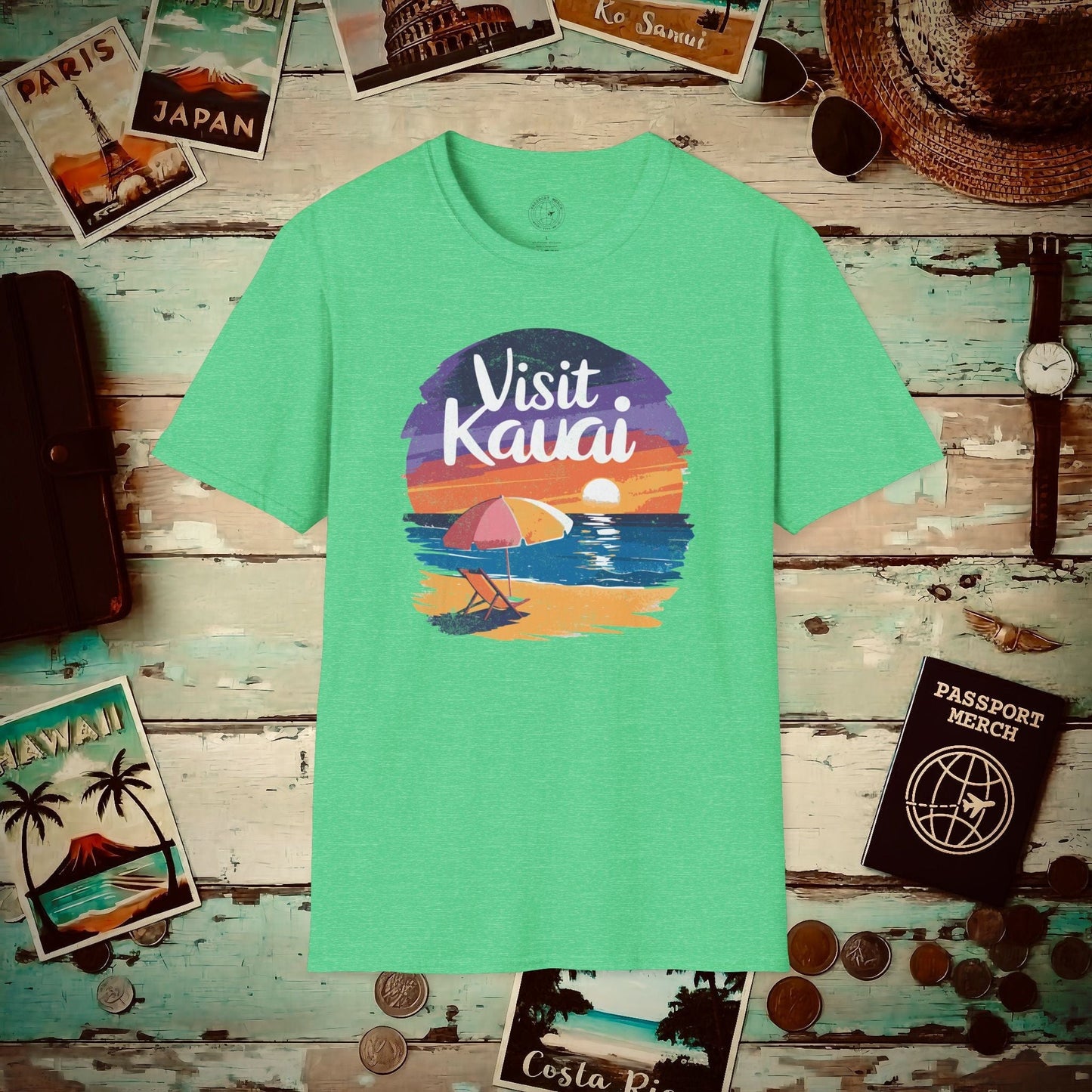Retro Visit Kauai Hawaii T-Shirt Heather Irish Green / S