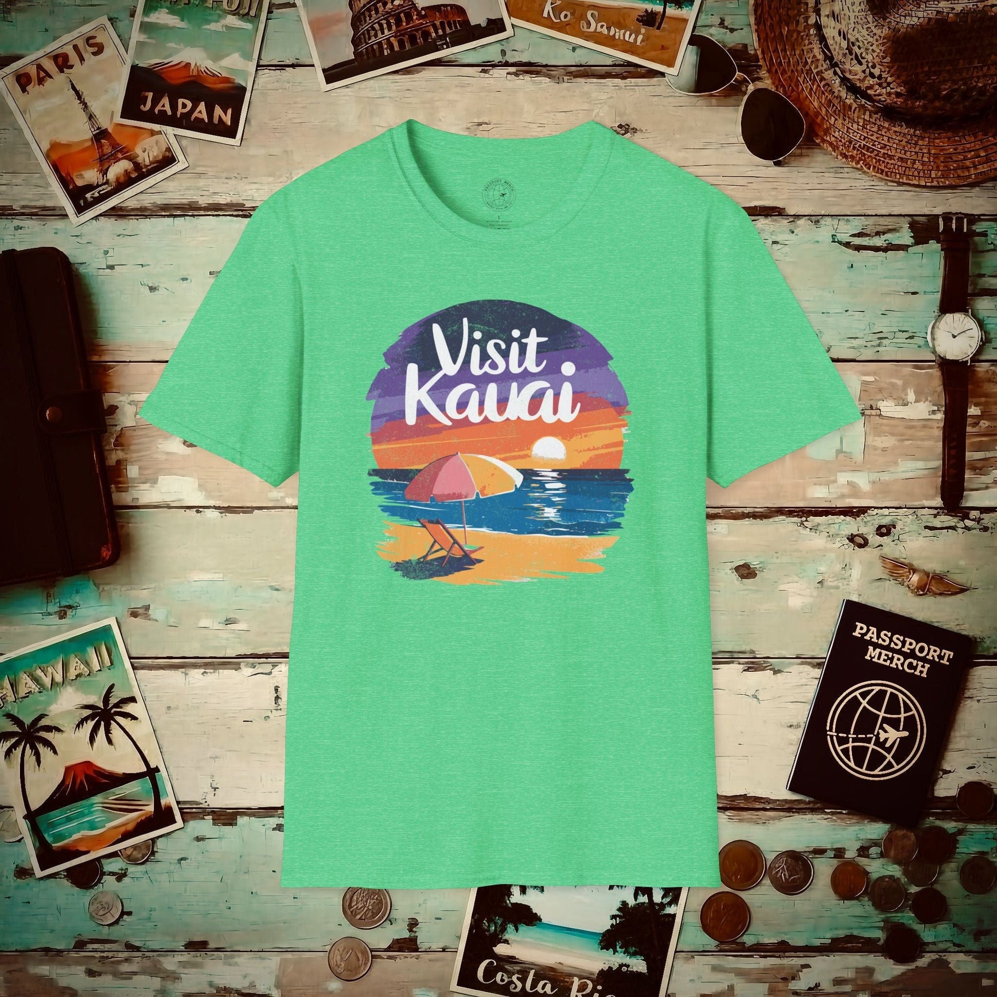 Retro Visit Kauai Hawaii T-Shirt Heather Irish Green / S