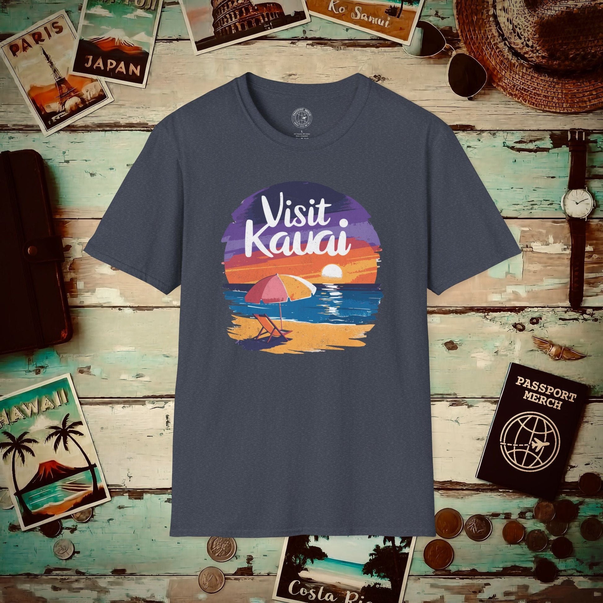 Retro Visit Kauai Hawaii T-Shirt Heather Navy / S