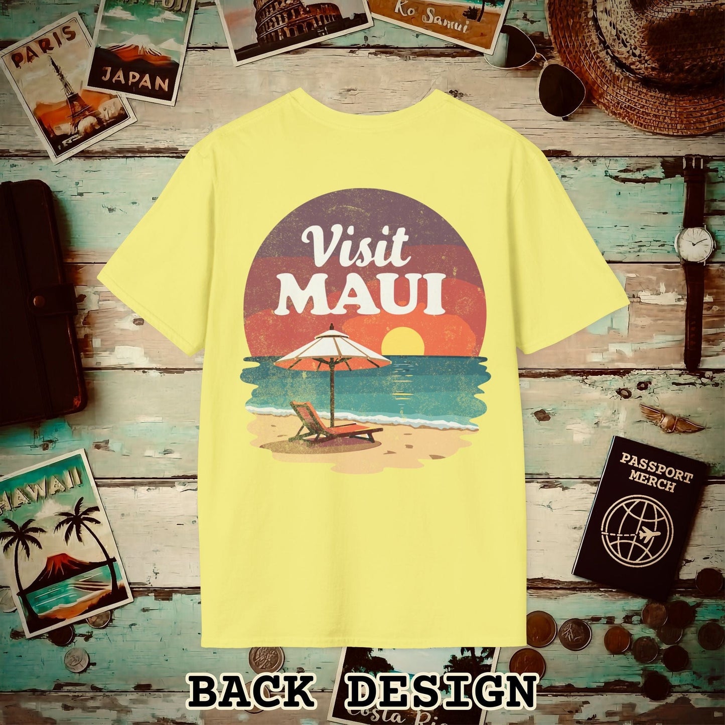 Retro Visit Maui Hawaii, Back Print T-Shirt Cornsilk / S
