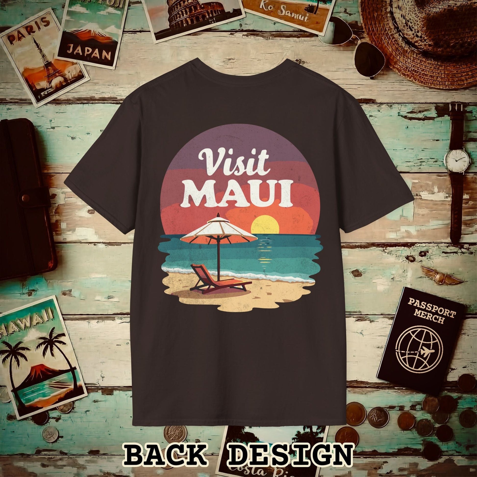 Retro Visit Maui Hawaii, Back Print T-Shirt Dark Chocolate / S