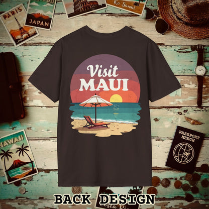 Retro Visit Maui Hawaii, Back Print T-Shirt Dark Chocolate / S