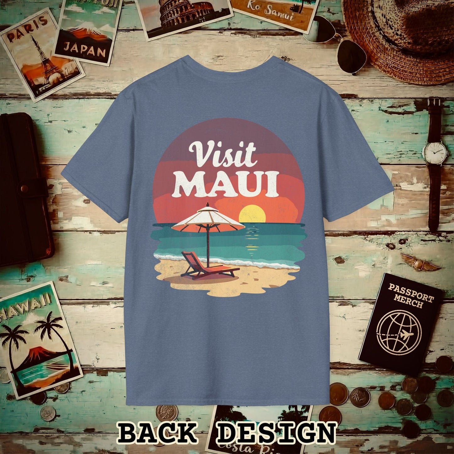 Retro Visit Maui Hawaii, Back Print T-Shirt Heather Indigo / S