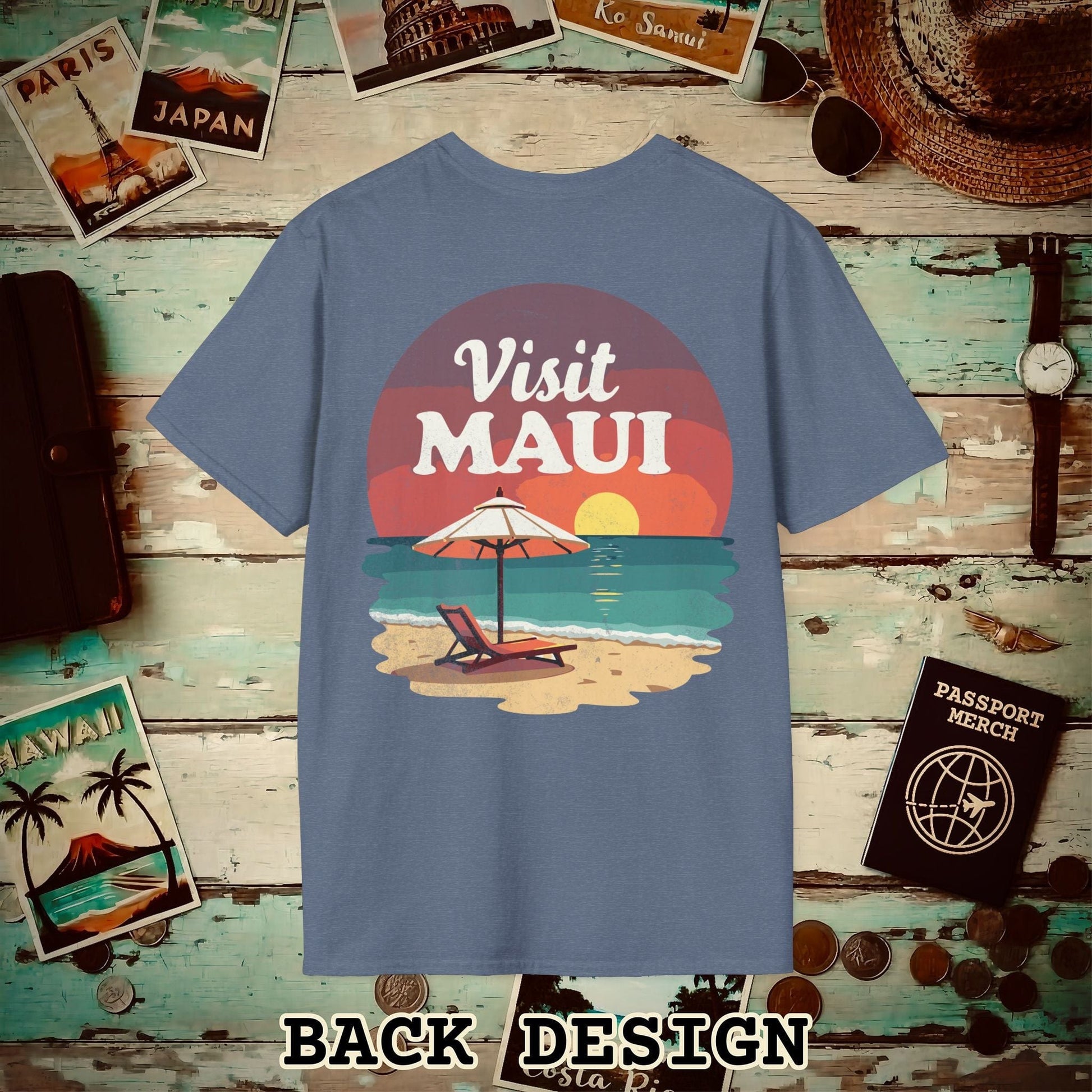 Retro Visit Maui Hawaii, Back Print T-Shirt Heather Indigo / S