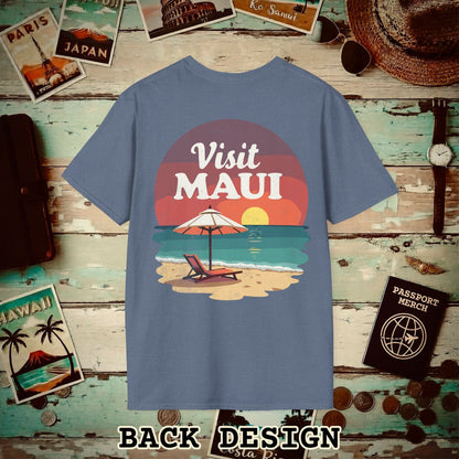 Retro Visit Maui Hawaii, Back Print T-Shirt Heather Indigo / S