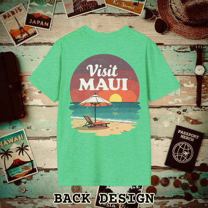 Retro Visit Maui Hawaii, Back Print T-Shirt Heather Irish Green / S
