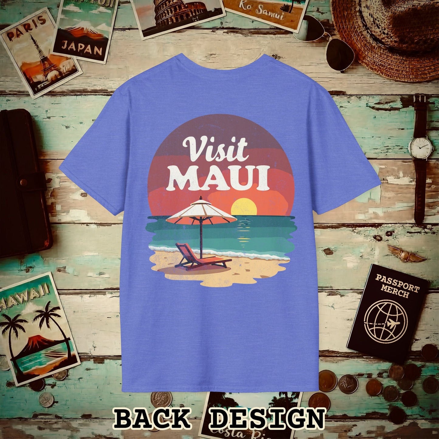 Retro Visit Maui Hawaii, Back Print T-Shirt Heather Royal / S