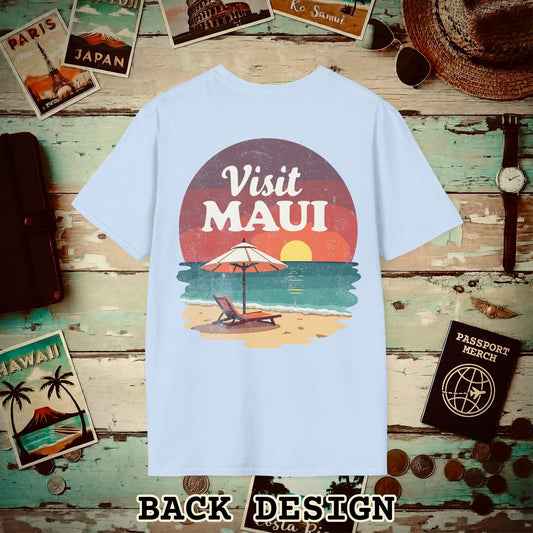 Retro Visit Maui Hawaii, Back Print T-Shirt Light Blue / S