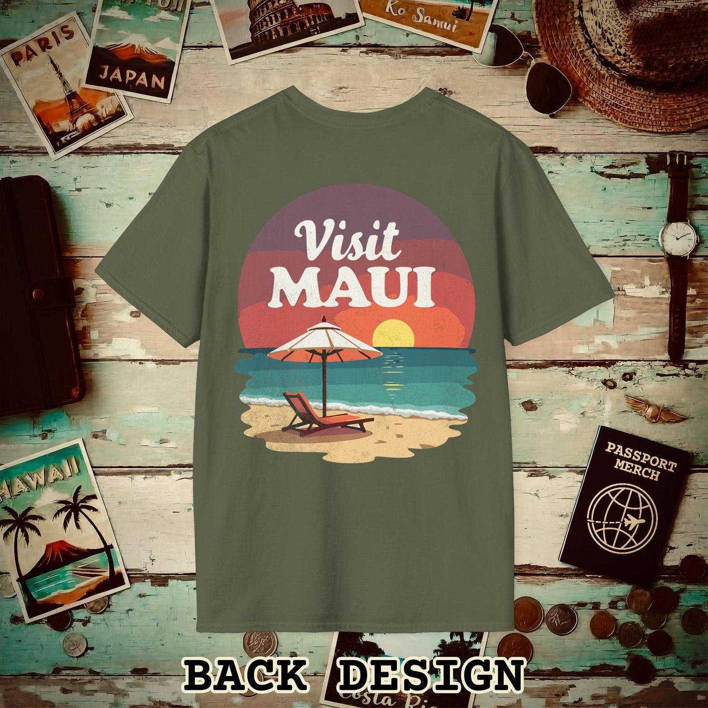 Retro Visit Maui Hawaii, Back Print T-Shirt Military Green / S