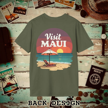 Retro Visit Maui Hawaii, Back Print T-Shirt Military Green / S