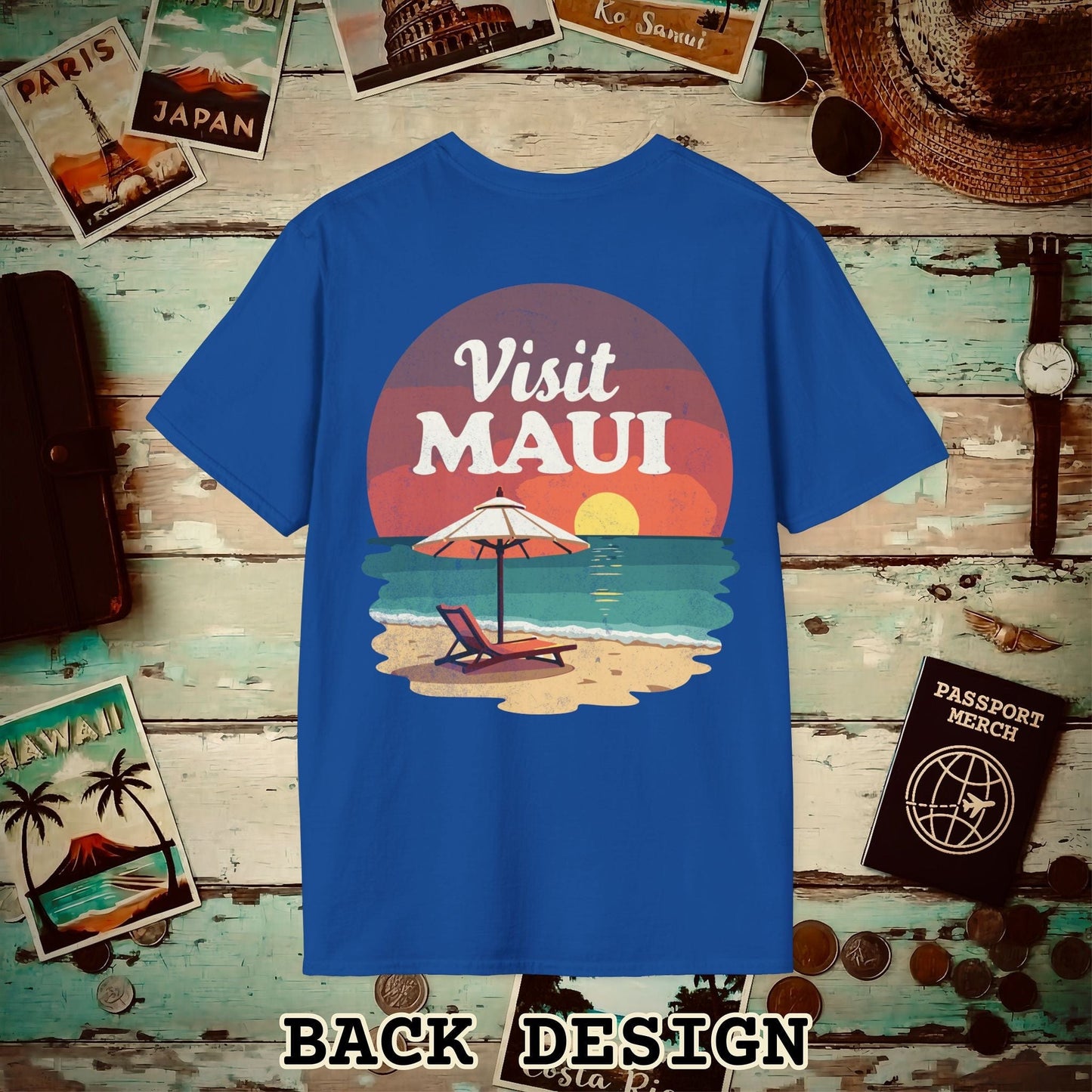 Retro Visit Maui Hawaii, Back Print T-Shirt Royal / S