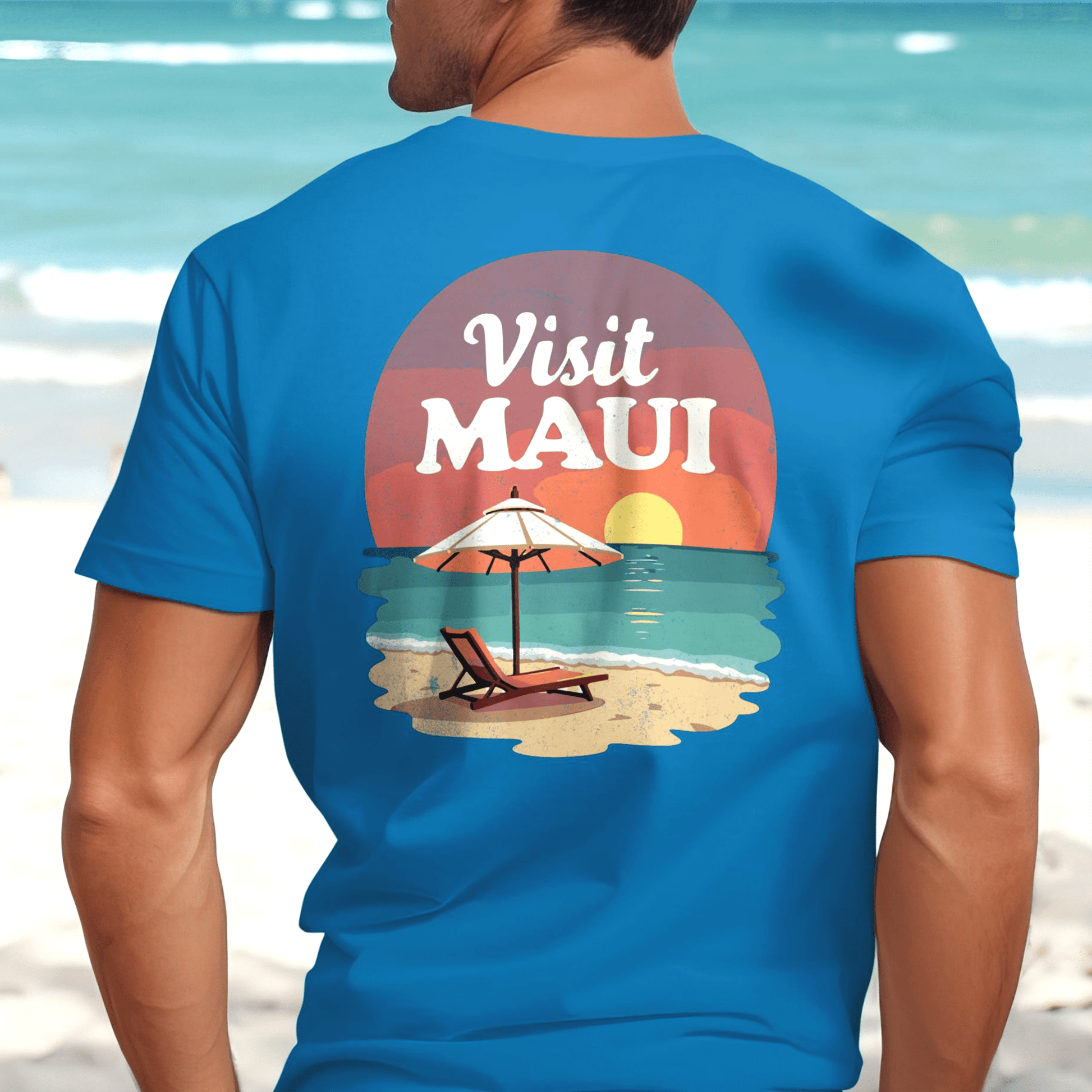 Retro Visit Maui Hawaii, Back Print T-Shirt Sapphire / S