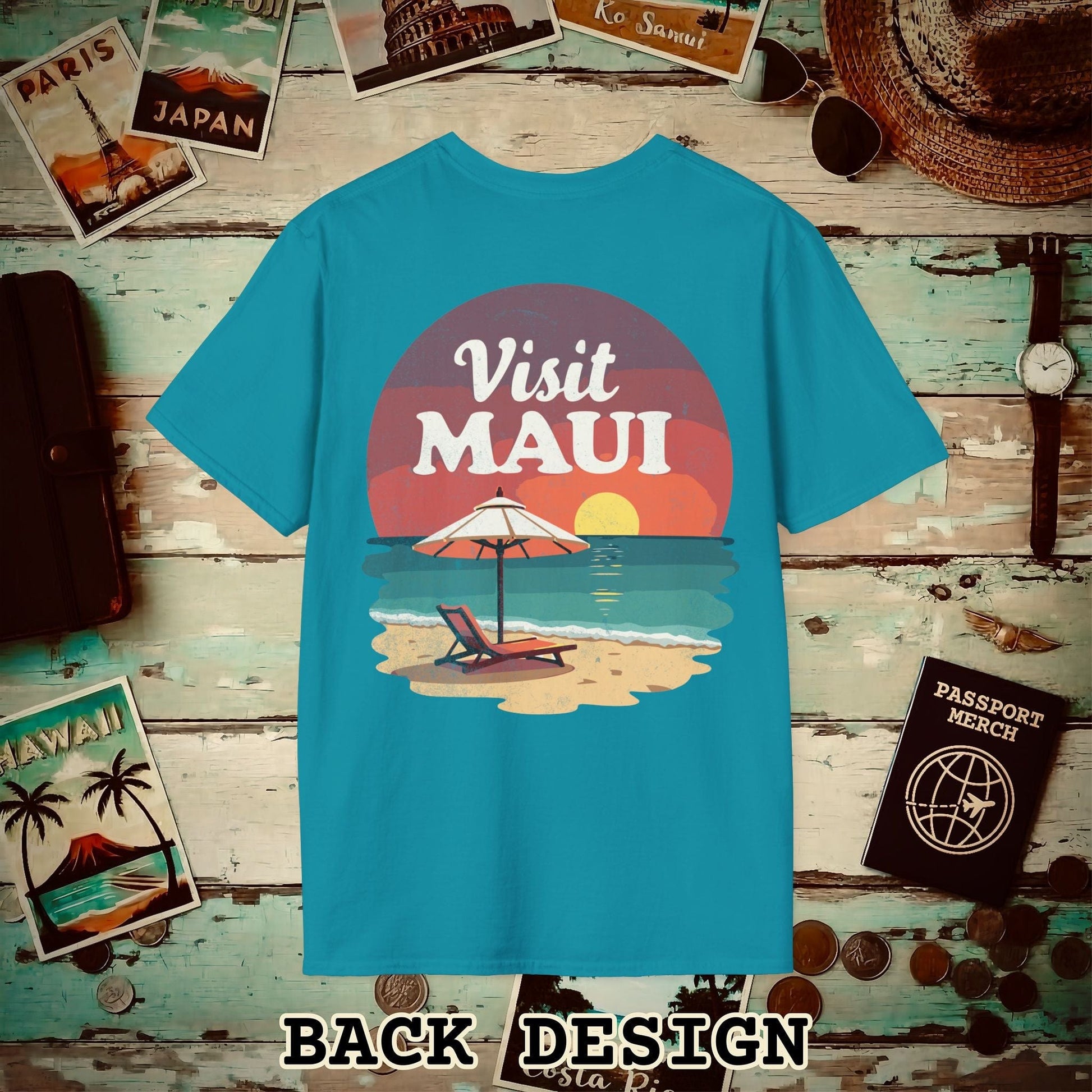 Retro Visit Maui Hawaii, Back Print T-Shirt Tropical Blue / S