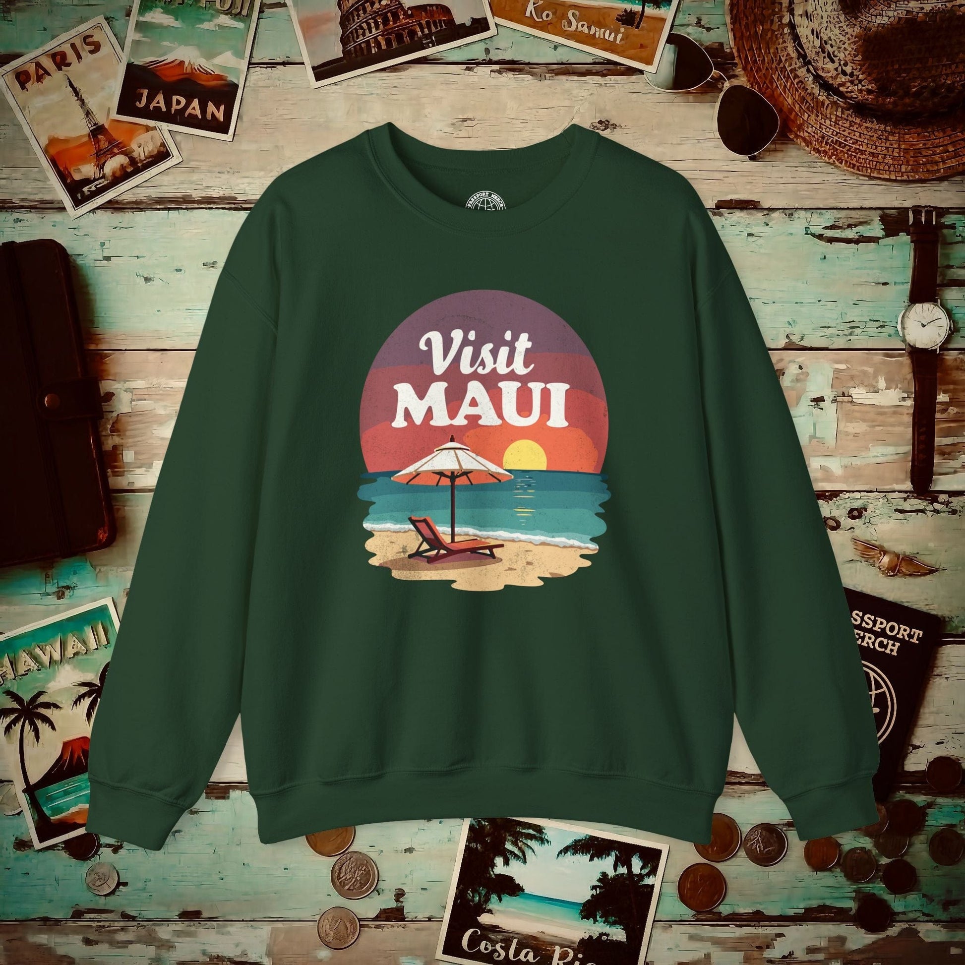 Retro Visit Maui Hawaii Crewneck Forest Green / S