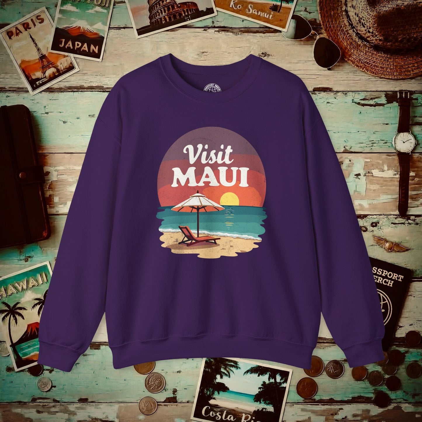 Retro Visit Maui Hawaii Crewneck Purple / S