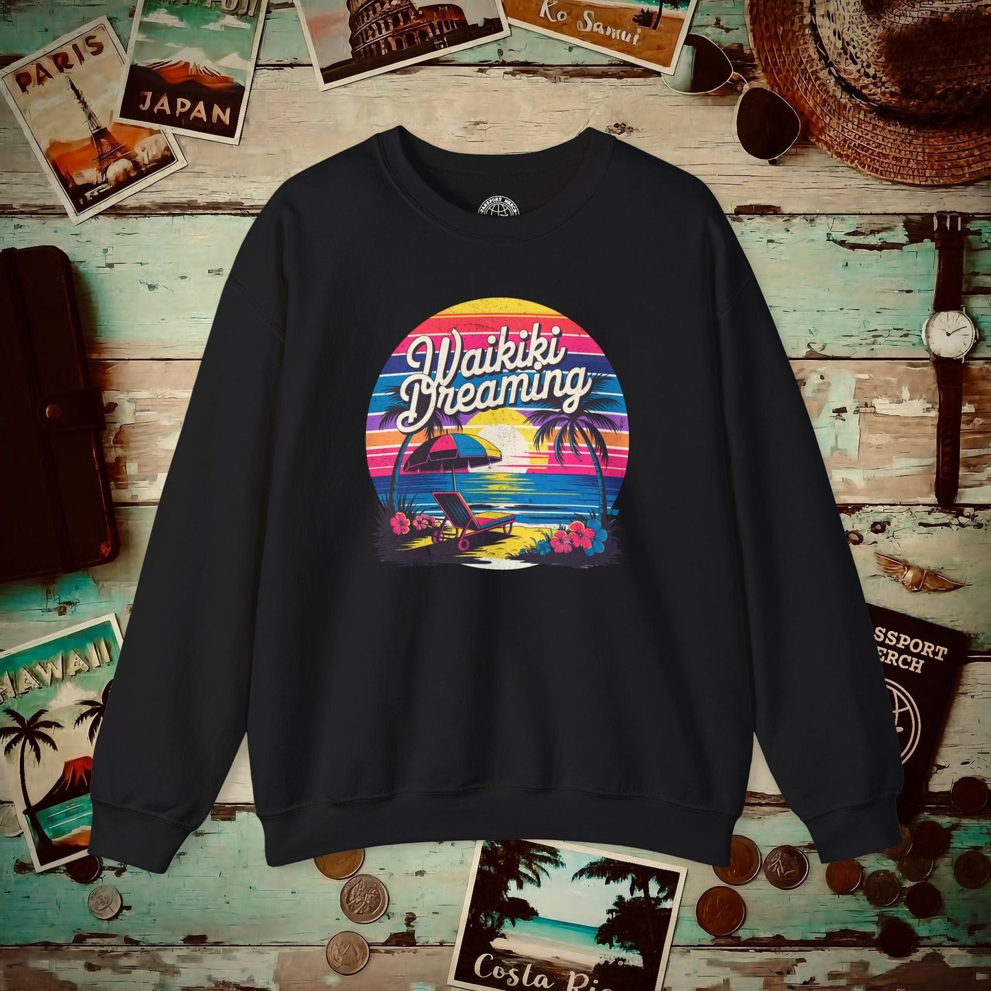 Retro Waikiki Dreaming, Hawaii Crewneck Black / S