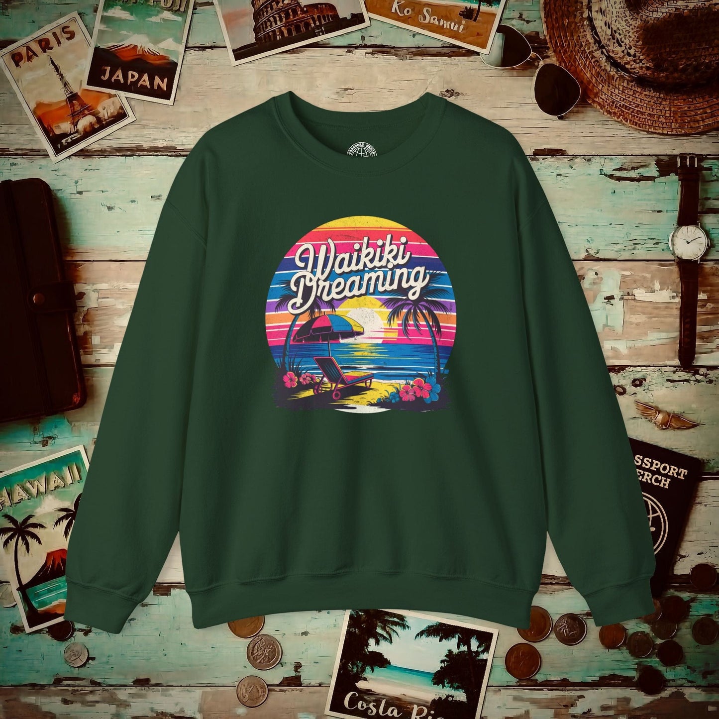 Retro Waikiki Dreaming, Hawaii Crewneck Forest Green / S
