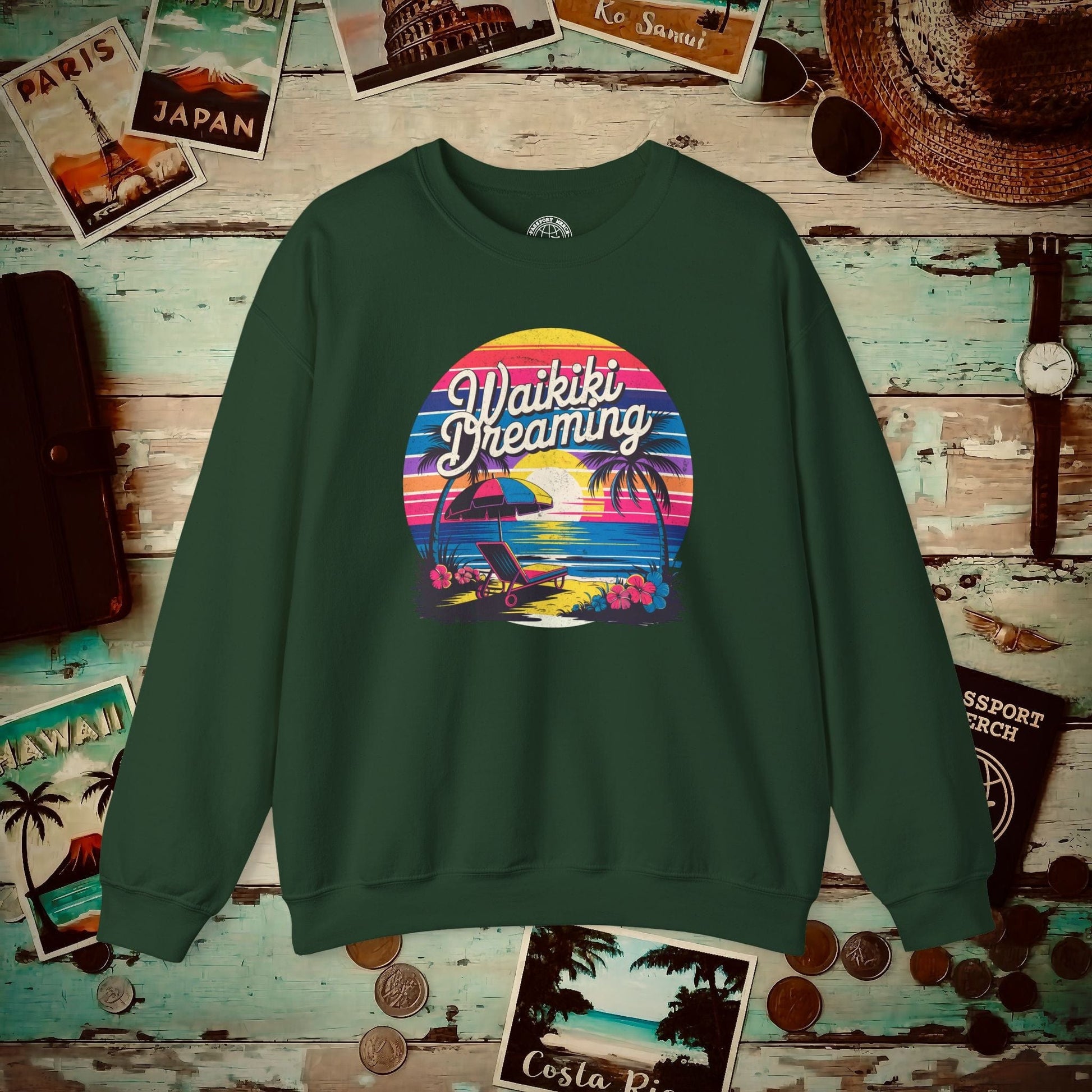 Retro Waikiki Dreaming, Hawaii Crewneck Forest Green / S