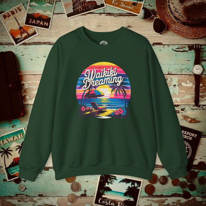 Retro Waikiki Dreaming, Hawaii Crewneck Forest Green / S