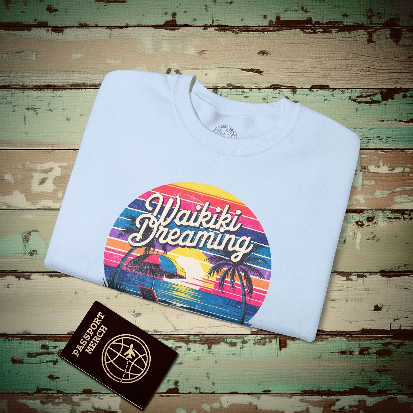 Retro Waikiki Dreaming, Hawaii Crewneck Light Blue / S