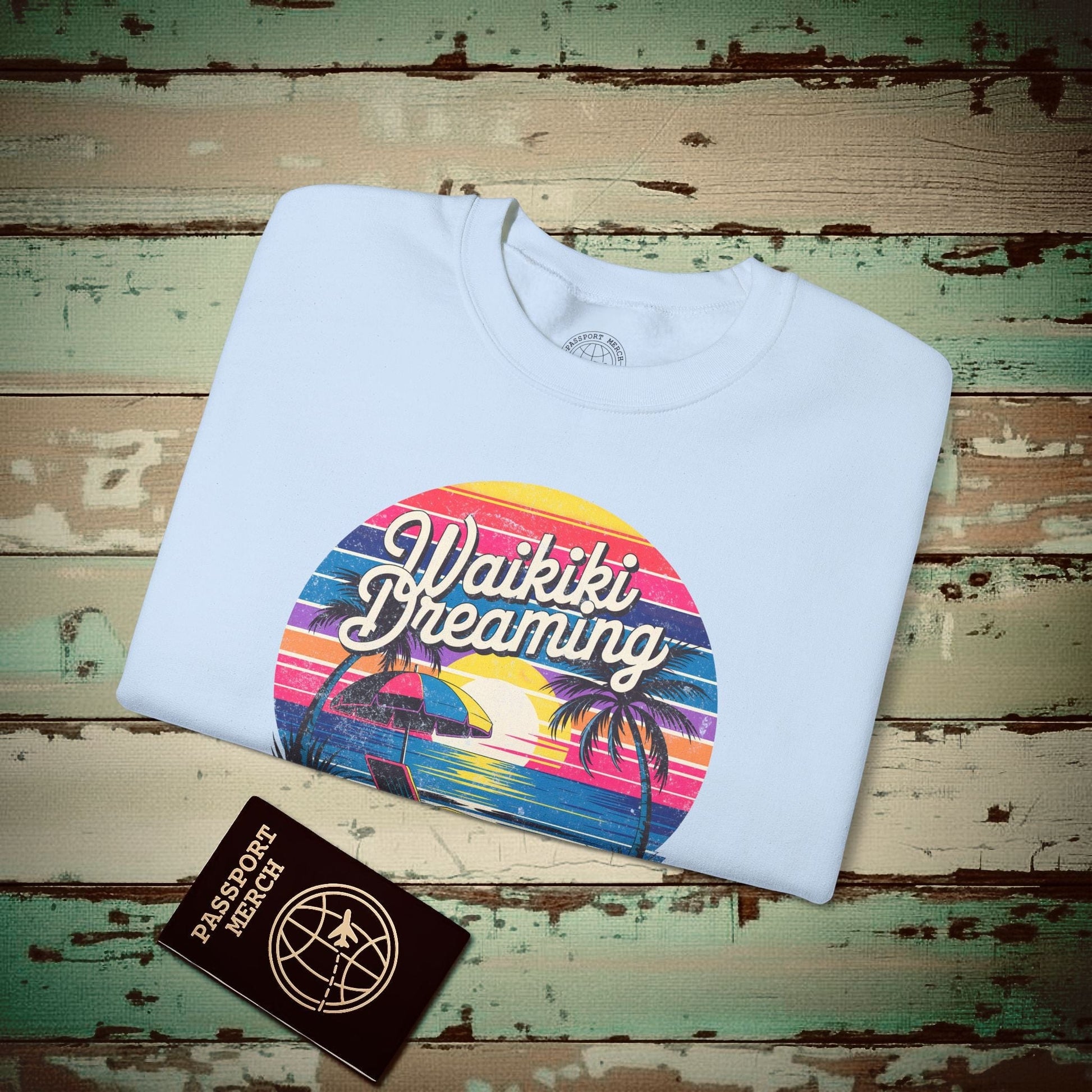 Retro Waikiki Dreaming, Hawaii Crewneck Light Blue / S