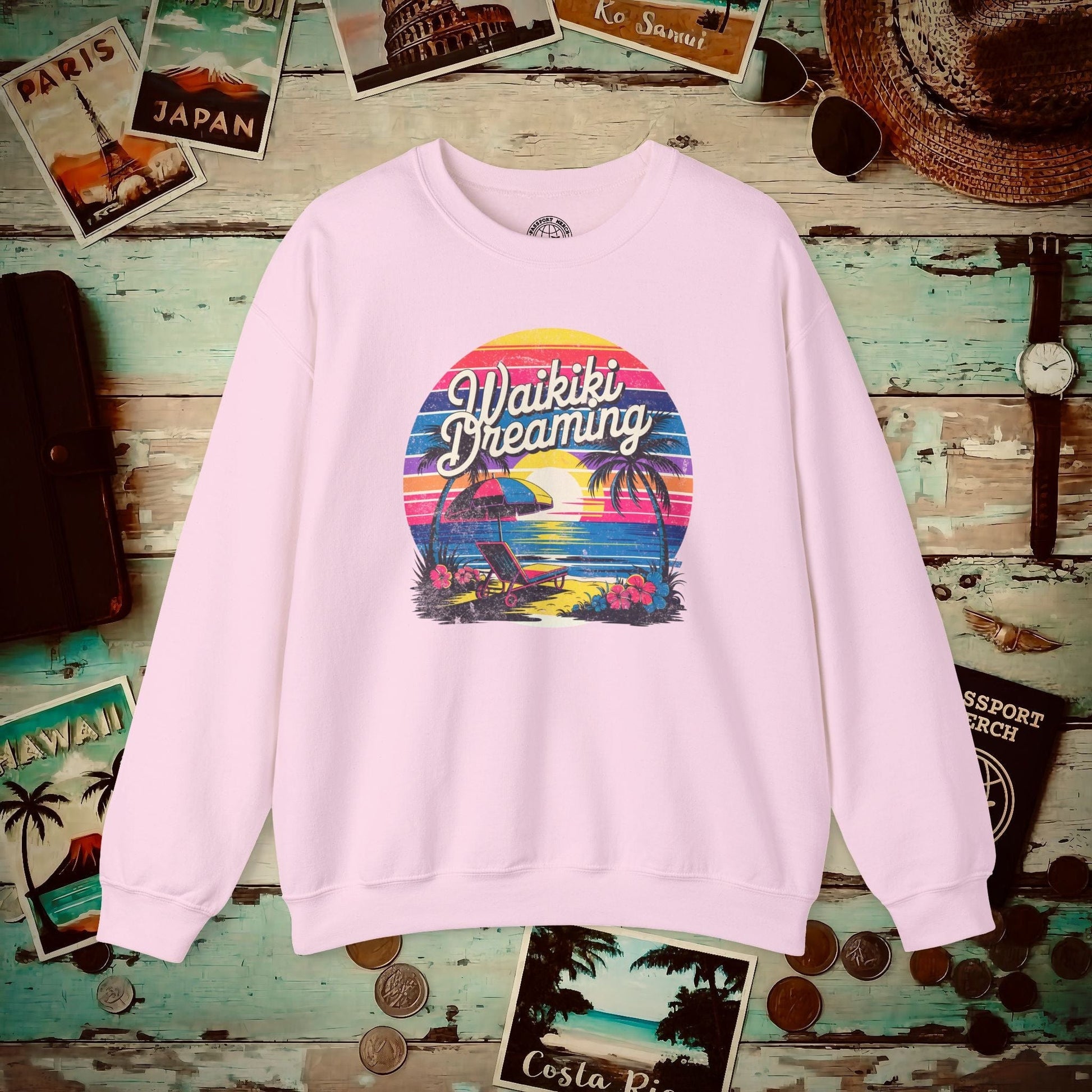 Retro Waikiki Dreaming, Hawaii Crewneck Light Pink / S