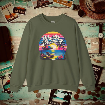 Retro Waikiki Dreaming, Hawaii Crewneck Military Green / S