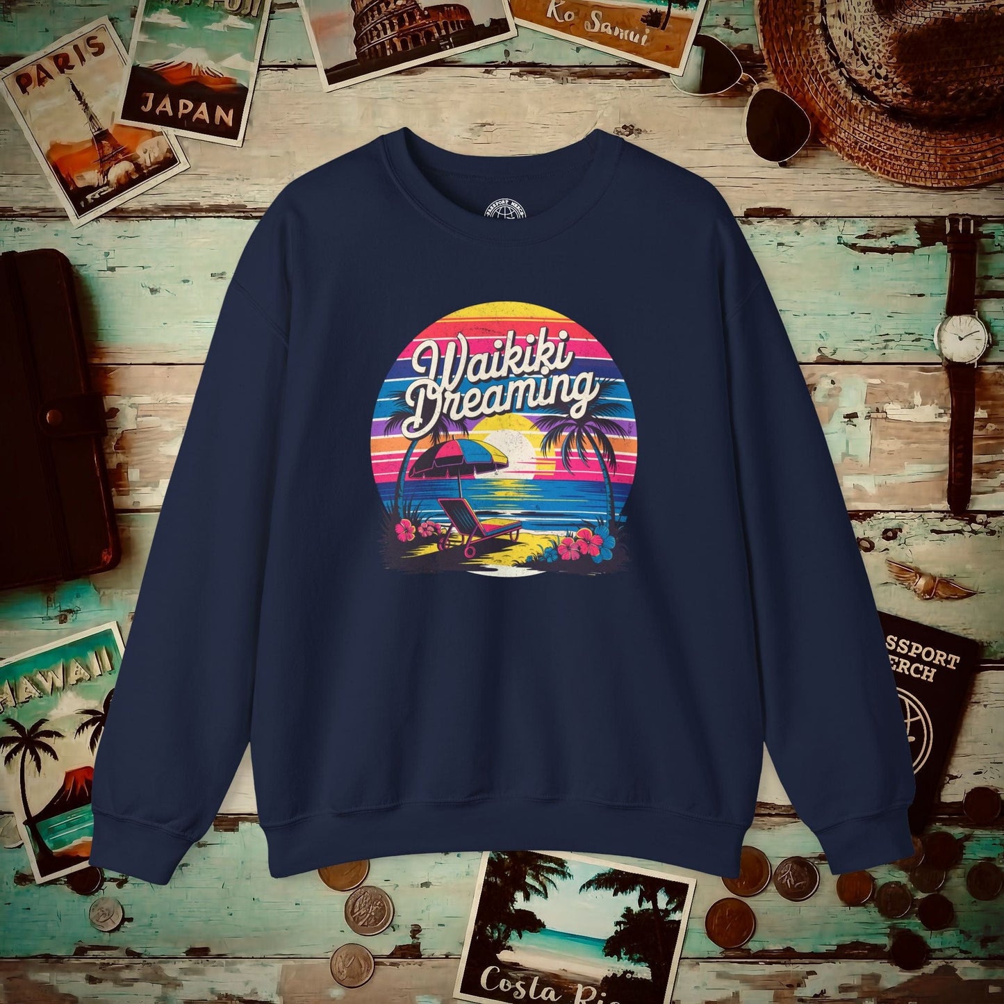 Retro Waikiki Dreaming, Hawaii Crewneck Navy / S