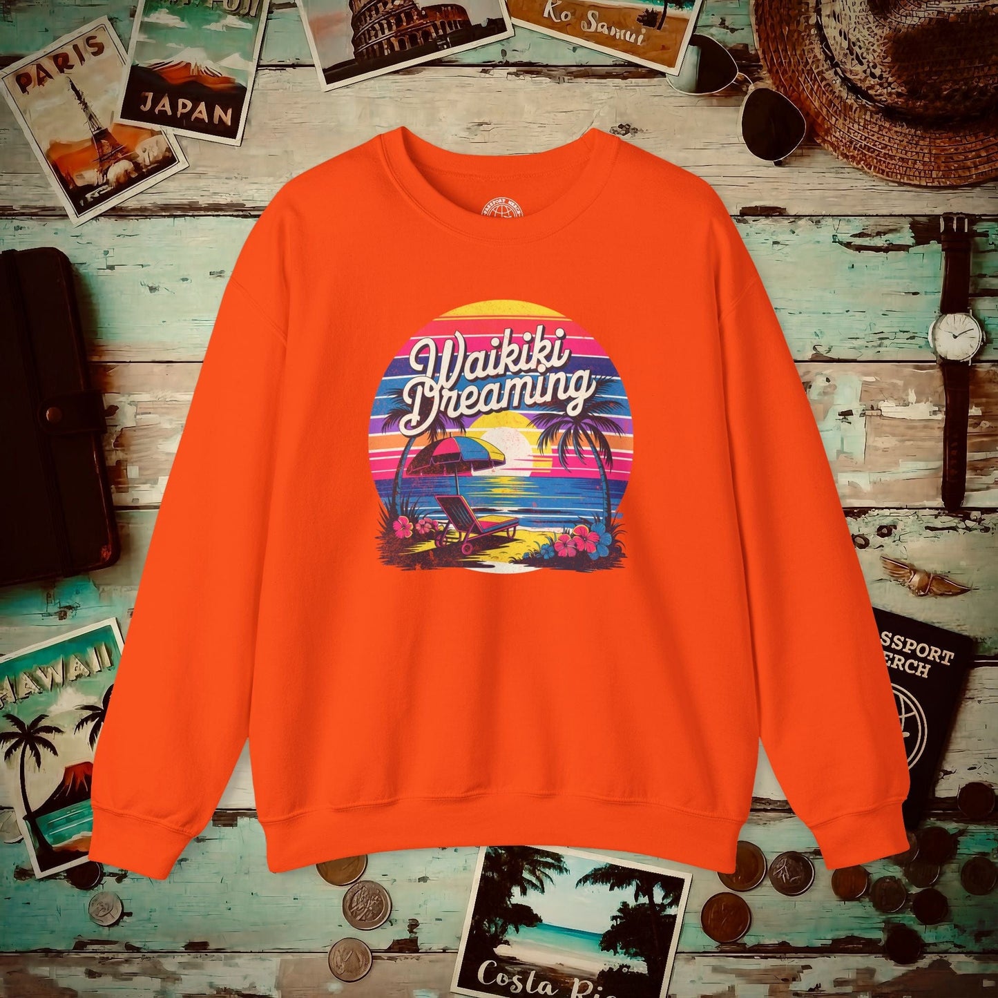Retro Waikiki Dreaming, Hawaii Crewneck Orange / S