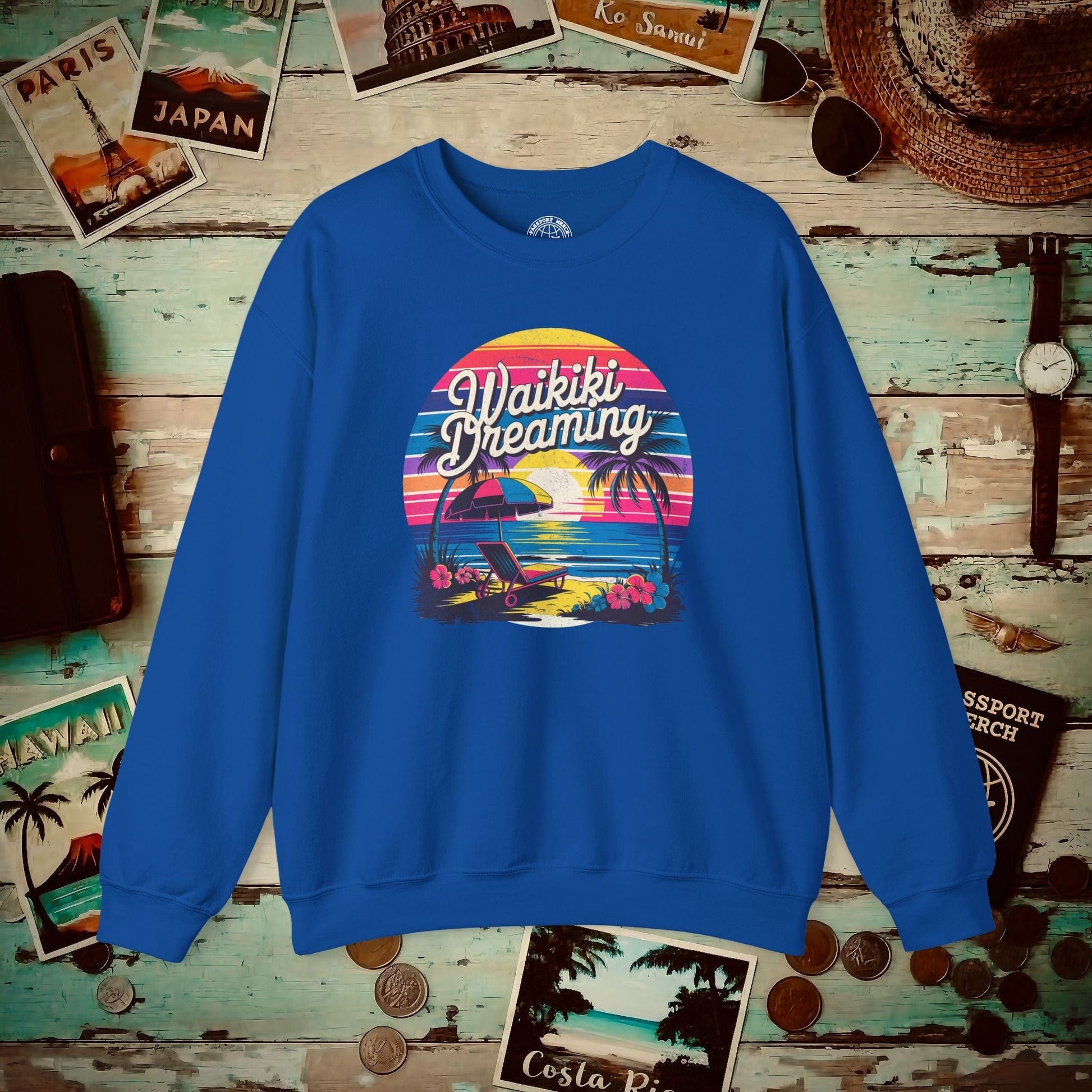 Retro Waikiki Dreaming, Hawaii Crewneck Royal / S