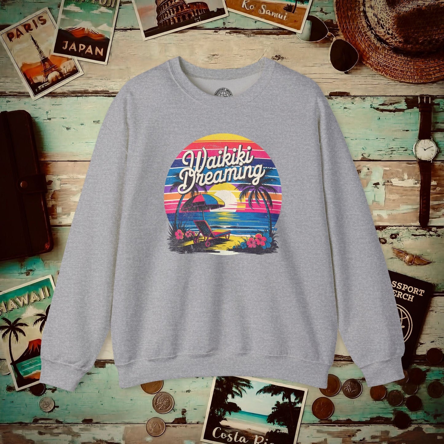 Retro Waikiki Dreaming, Hawaii Crewneck Sport Grey / S