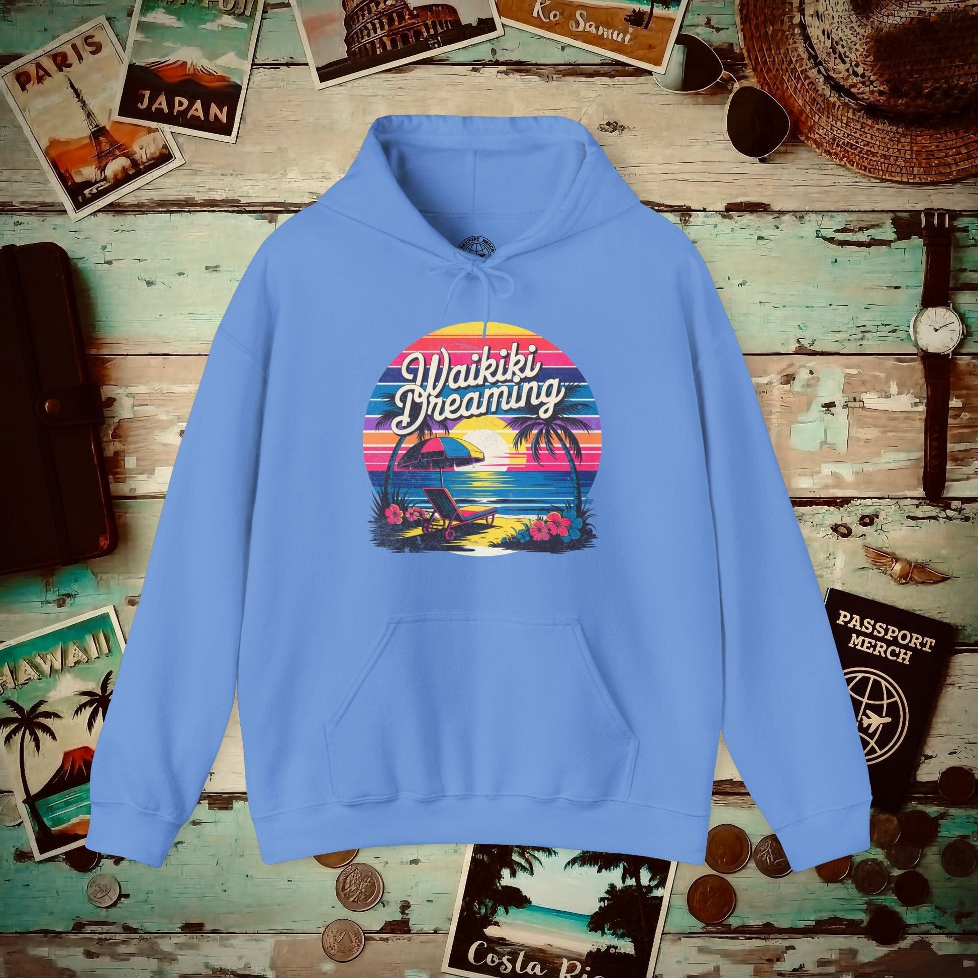 Retro Waikiki Dreaming, Hawaii Hoodie Carolina Blue / S