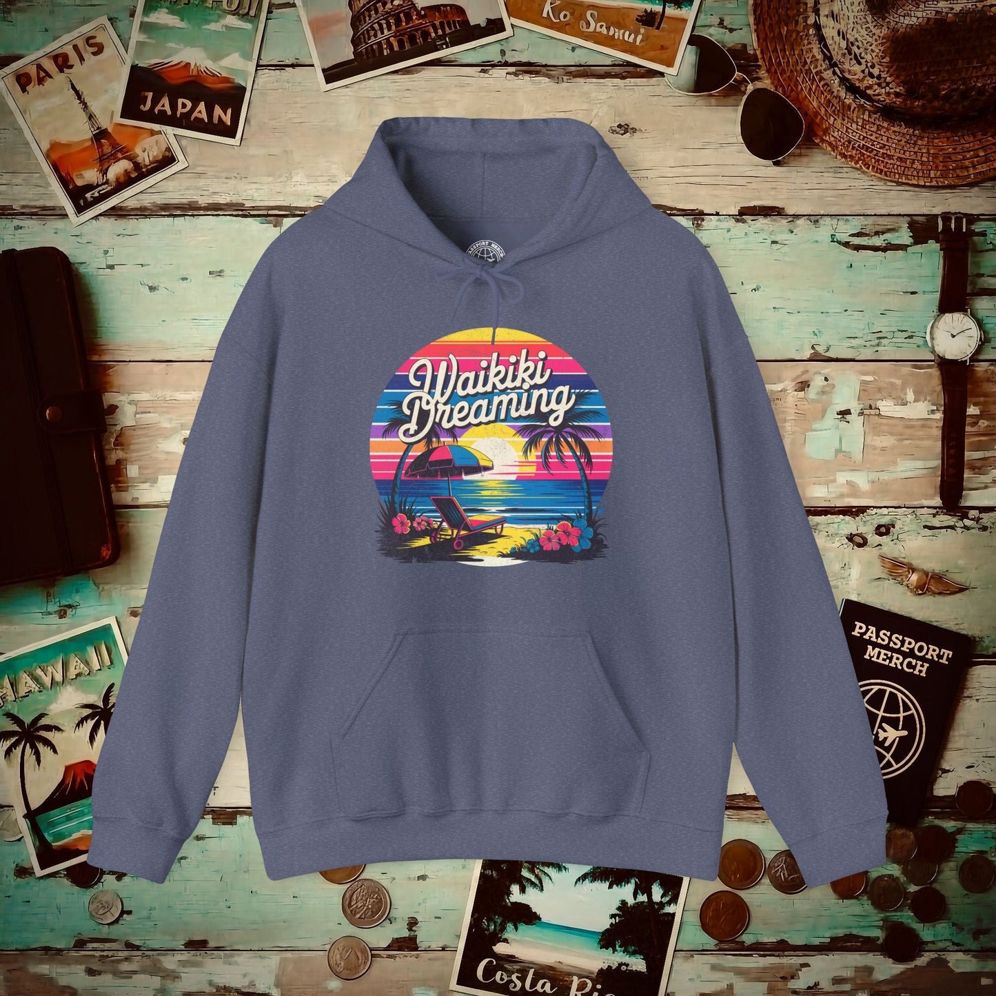 Retro Waikiki Dreaming, Hawaii Hoodie Heather Navy / S