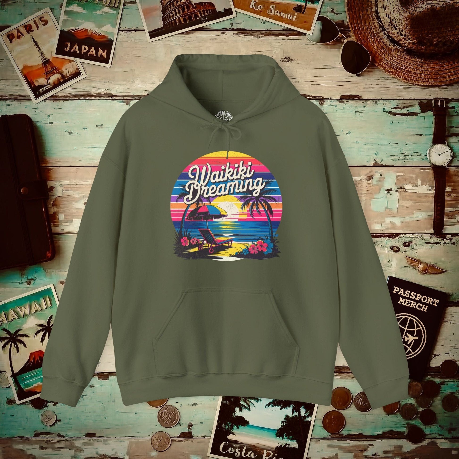 Retro Waikiki Dreaming, Hawaii Hoodie Military Green / S