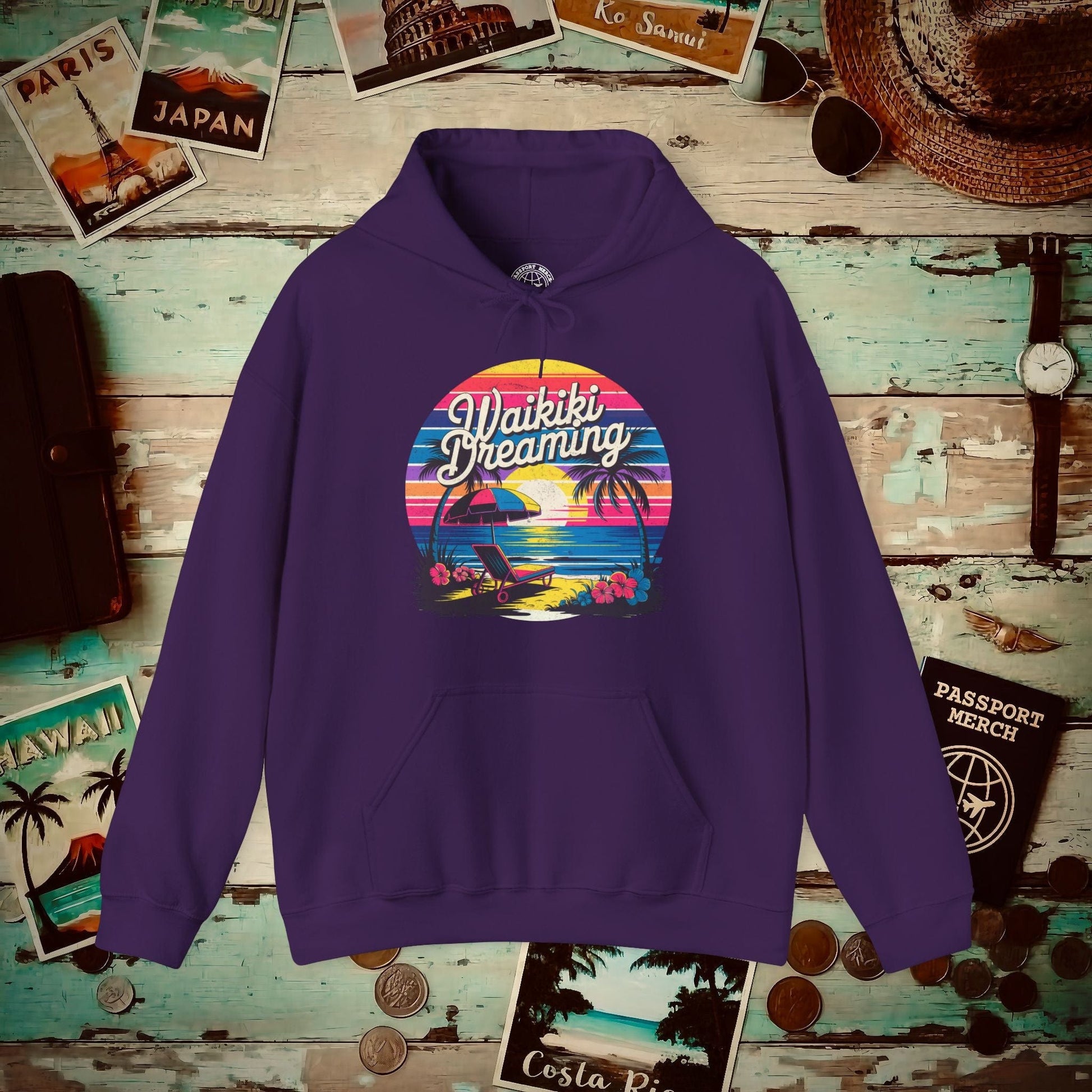 Retro Waikiki Dreaming, Hawaii Hoodie Purple / S