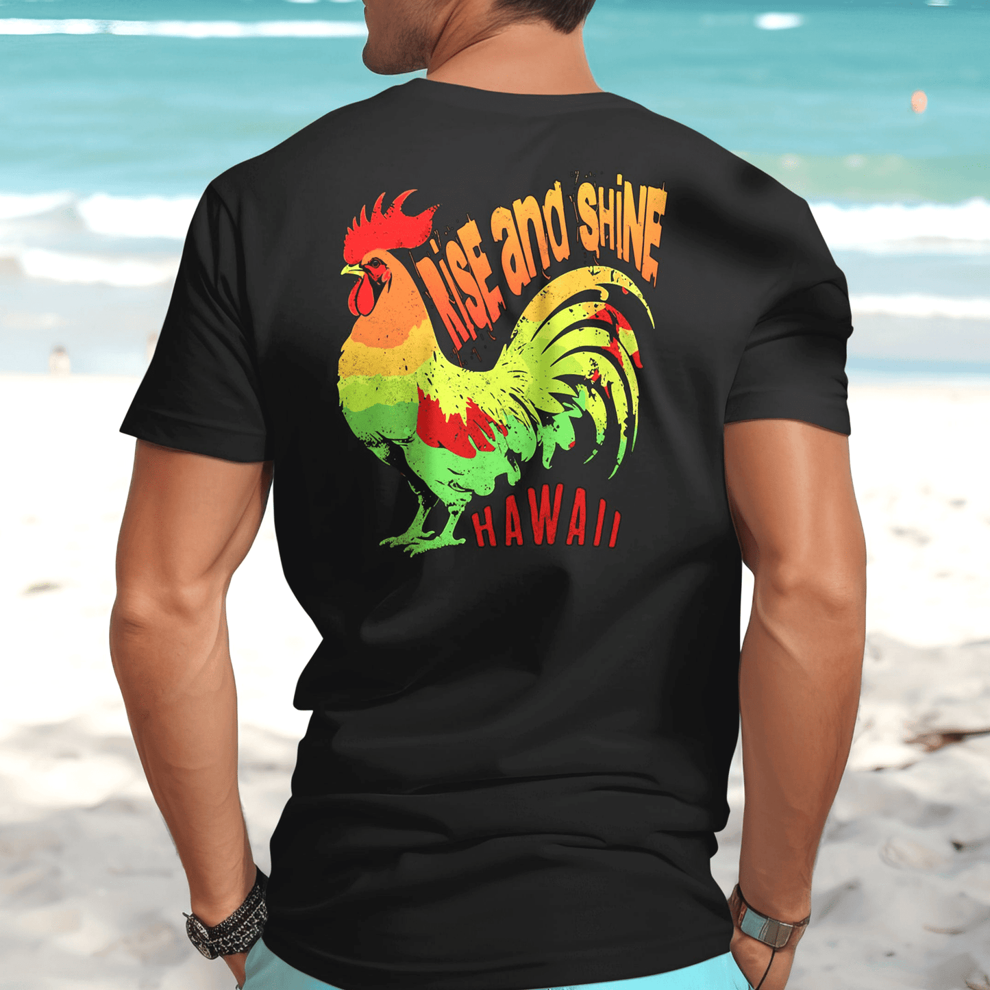 Rise and Shine Rooster, Hawaii, Back Print T-Shirt Black / S