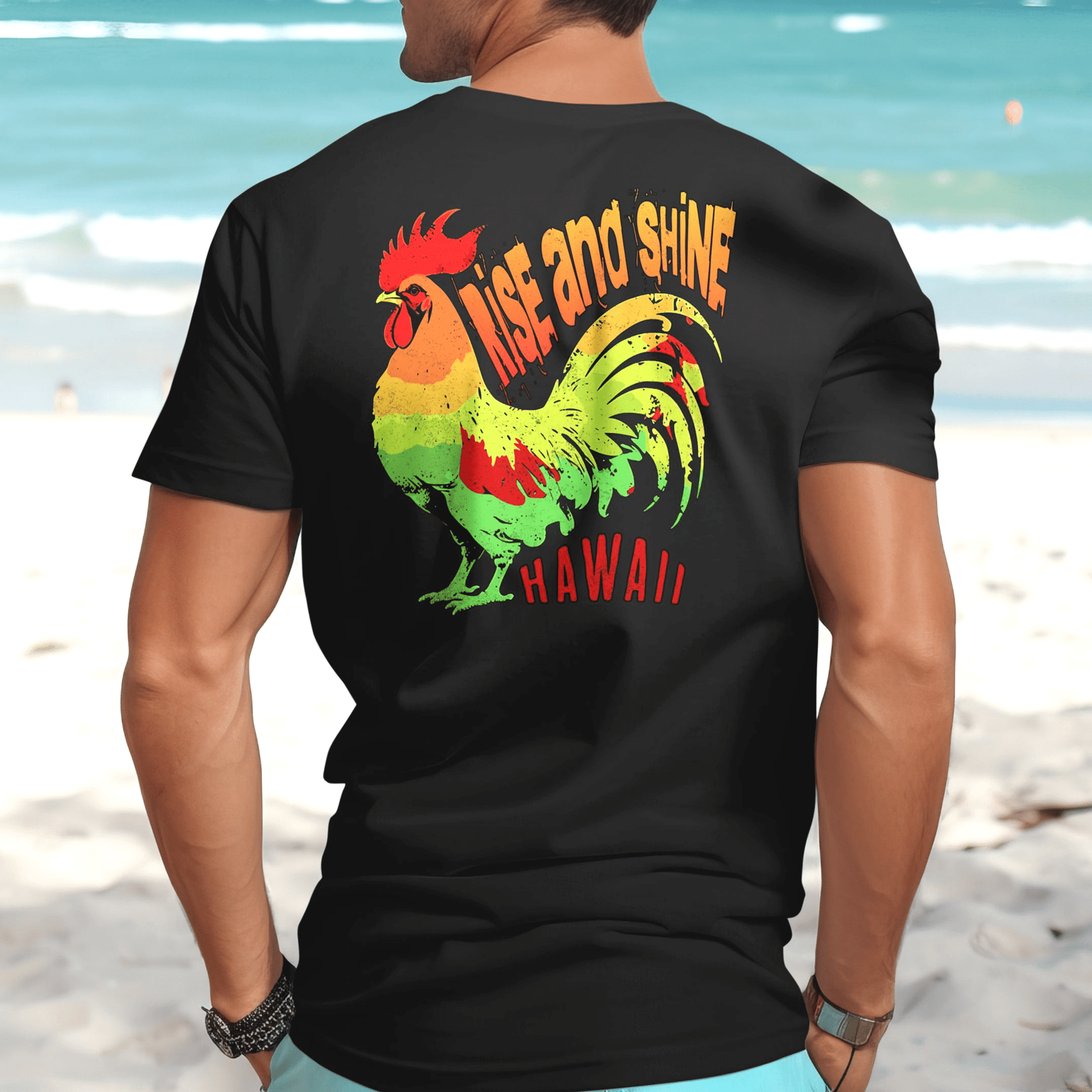 Rise and Shine Rooster, Hawaii, Back Print T-Shirt Black / S