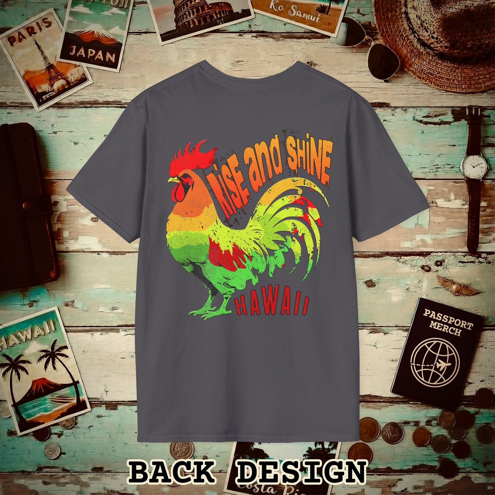 Rise and Shine Rooster, Hawaii, Back Print T-Shirt Charcoal / S