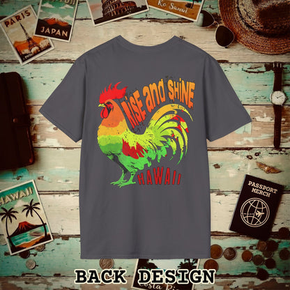 Rise and Shine Rooster, Hawaii, Back Print T-Shirt Charcoal / S