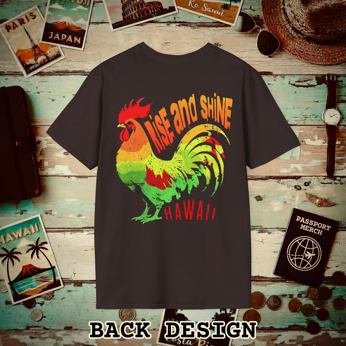 Rise and Shine Rooster, Hawaii, Back Print T-Shirt Dark Chocolate / S