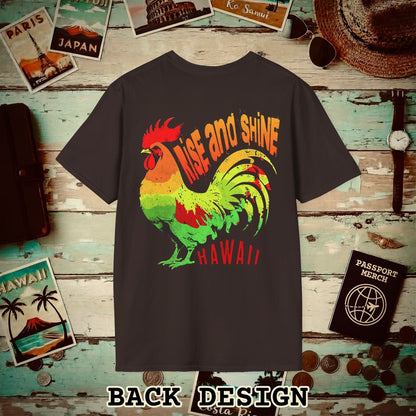 Rise and Shine Rooster, Hawaii, Back Print T-Shirt Dark Chocolate / S