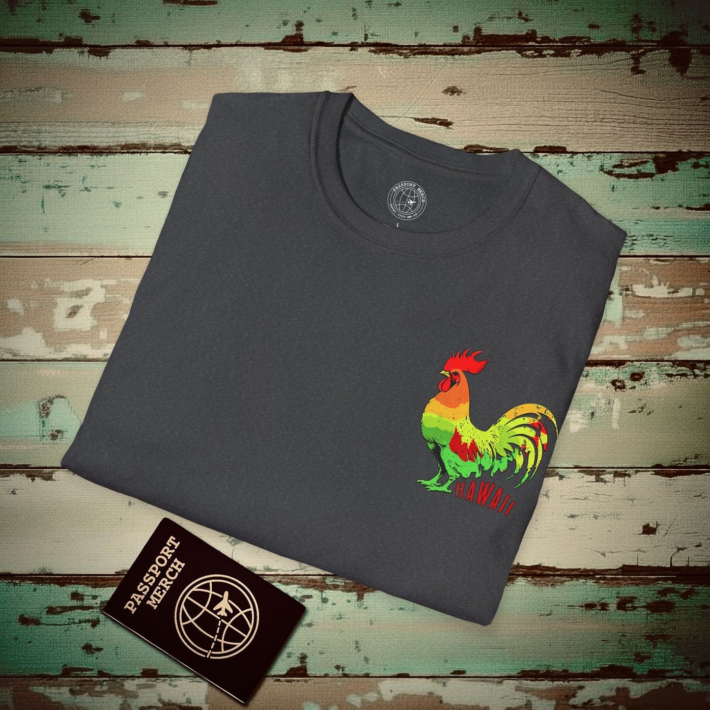 Rise and Shine Rooster, Hawaii, Back Print T-Shirt Dark Heather / S
