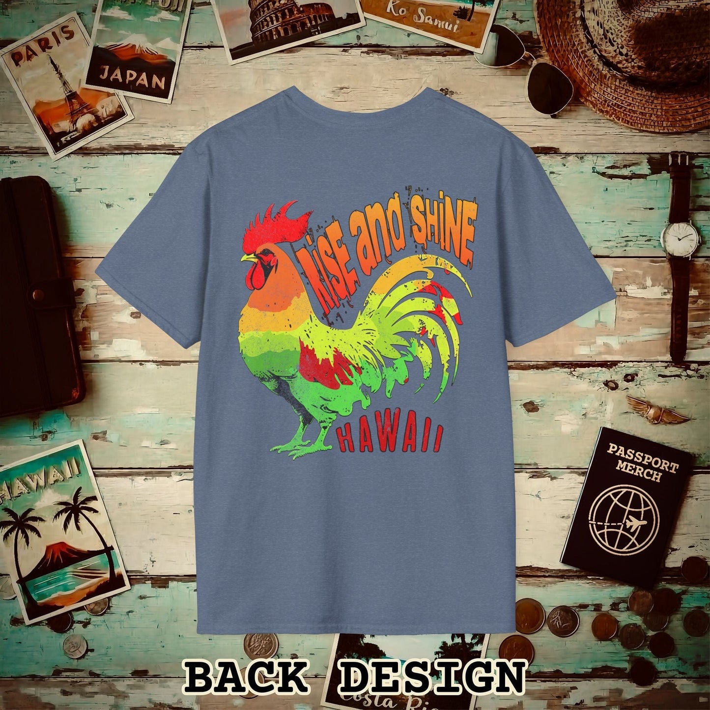Rise and Shine Rooster, Hawaii, Back Print T-Shirt Heather Indigo / S