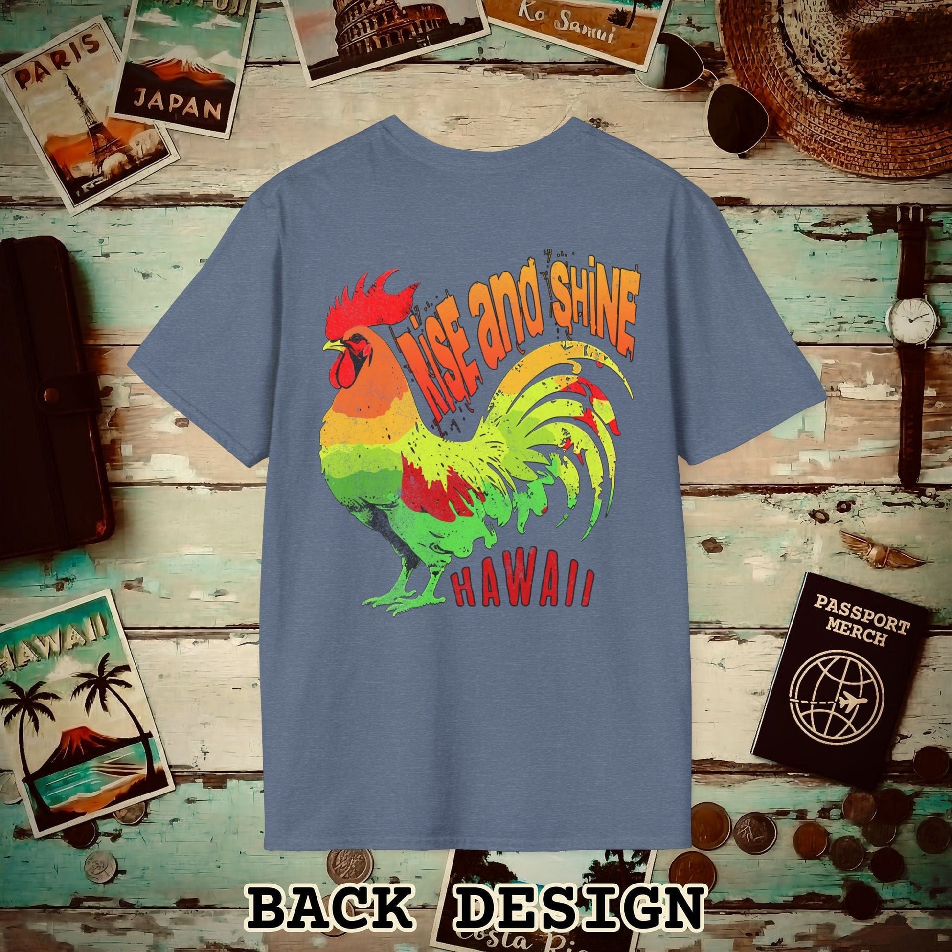 Rise and Shine Rooster, Hawaii, Back Print T-Shirt Heather Indigo / S