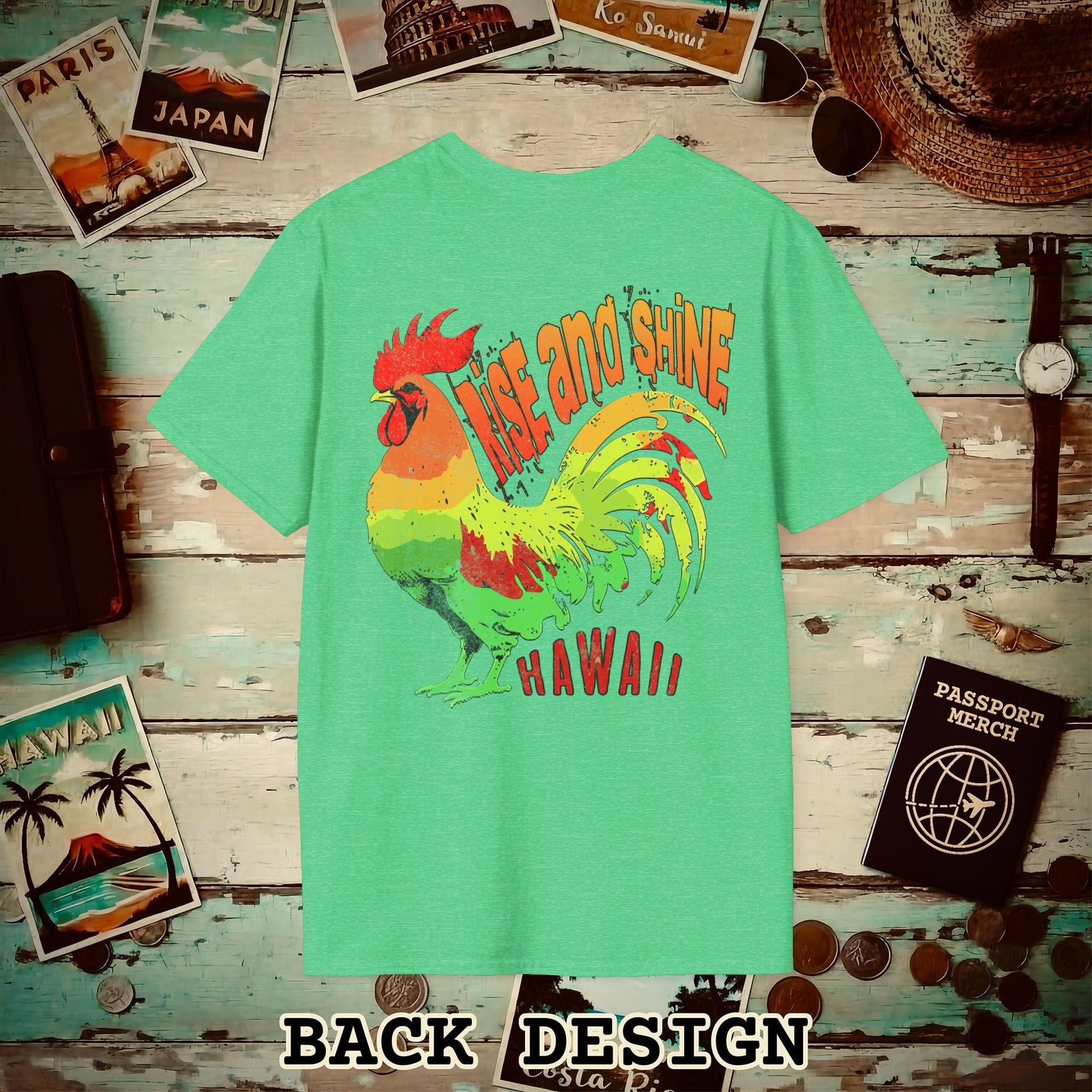 Rise and Shine Rooster, Hawaii, Back Print T-Shirt Heather Irish Green / S