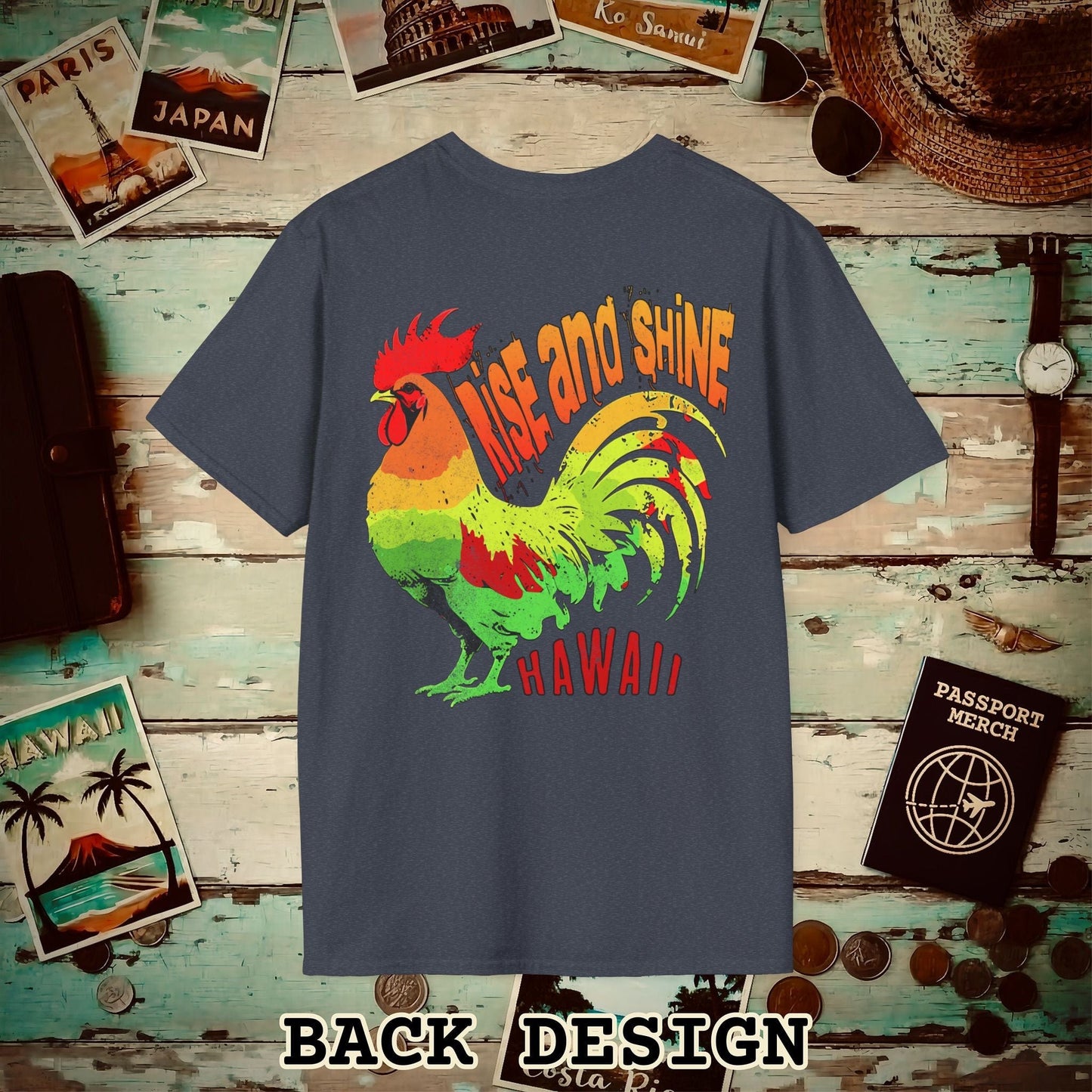 Rise and Shine Rooster, Hawaii, Back Print T-Shirt Heather Navy / S